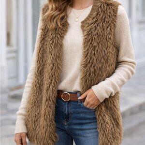 Brown Faux Fur Vest Xhilaration Medium Cozy Knit Back Boho Layering Fall Winter